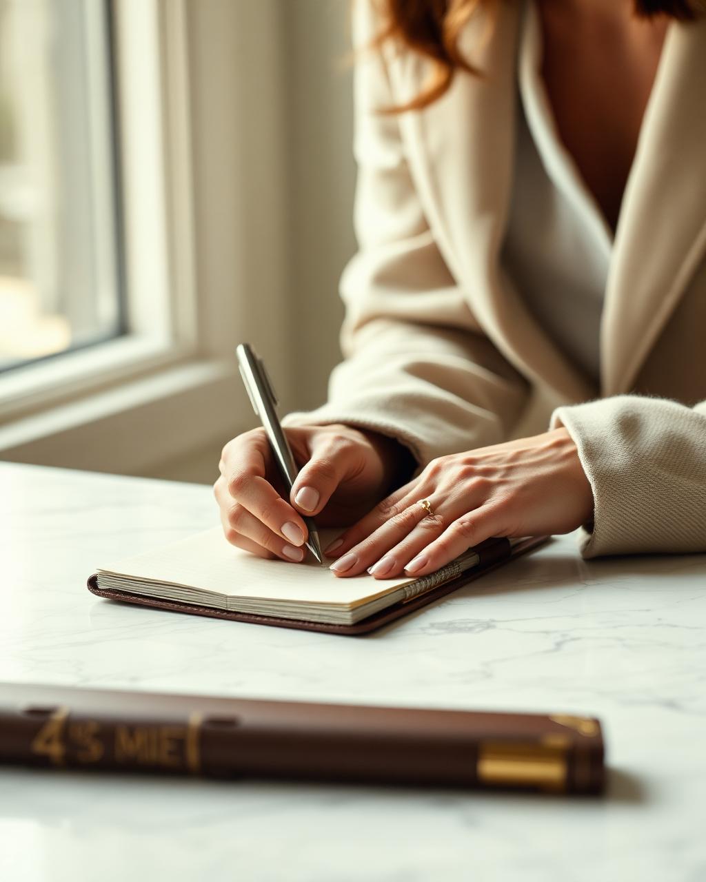 Hands writing in a leather notebook